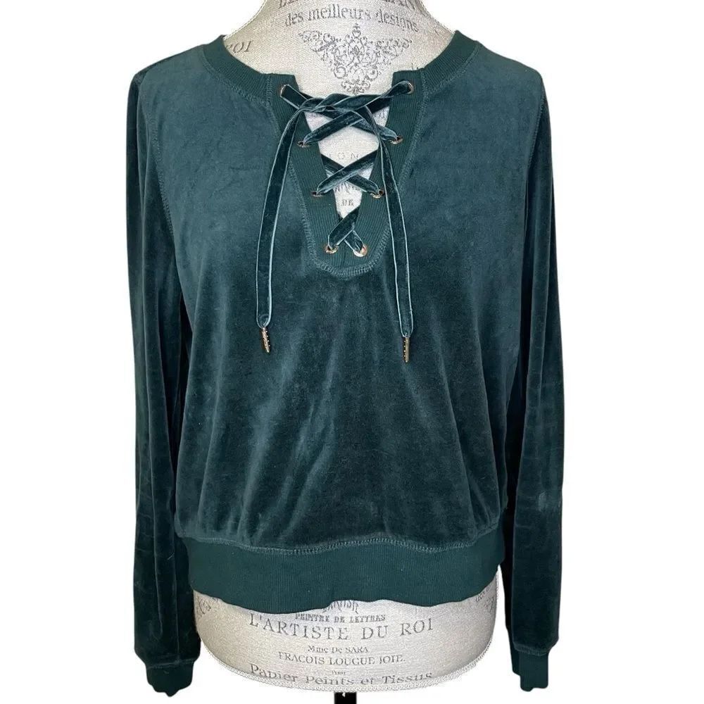 Betsey Johnson Performance Long Sleeve Velour Sweatshirt Top Hunter Green Large